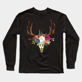 Boho Stag Skull+Horn Watercolor Flowers Long Sleeve T-Shirt